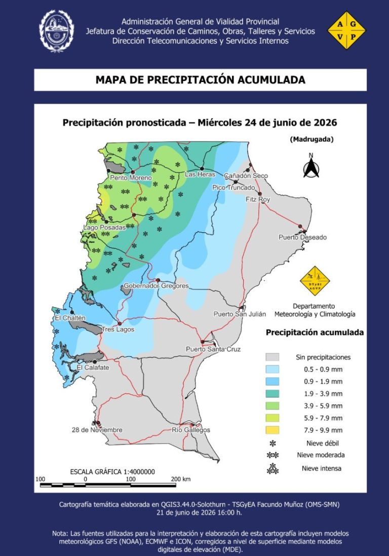 Anuncian nieve, lluvias y un marcado descenso térmico en Santa Cruz